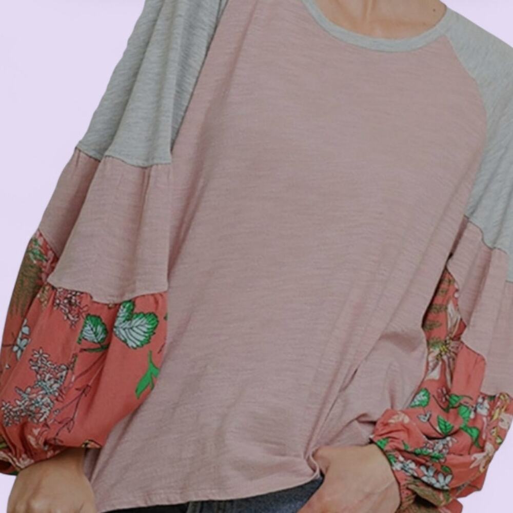 UMGEE Balloon Sleeve Pink Gray Floral Boho Oversized Pullover Top - Size S